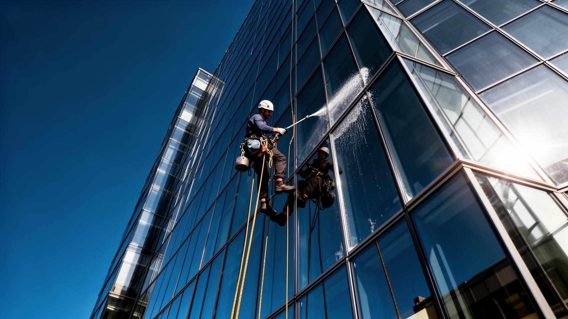 Laveurs de vitres professionnels sur immeuble commercial